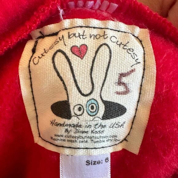 Red Hoodie Boys Girls Size 6 Whimsical Blue Horns Fur Bird Zip Up Handmade - Picture 9 of 10